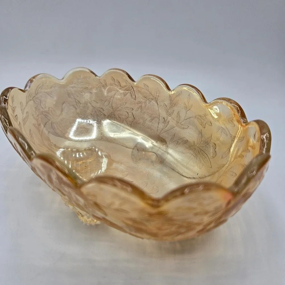 Vintage Jeannette Glass Floragold Louisa Pattern Small Oval 4-Footed Bowl EUC